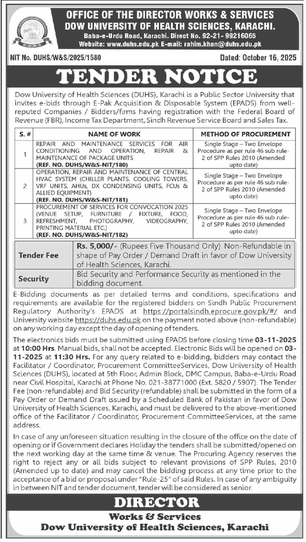 Dow University of Health Sciences Karachi Tender Notice